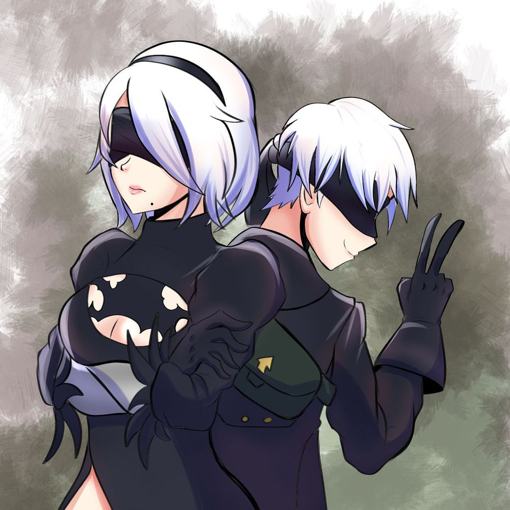 Drawing of the protagonists of Nier Automota, with 2b crossing her arms in the front while 9S is on the back, his back turned to the viewer and doing a peace sign