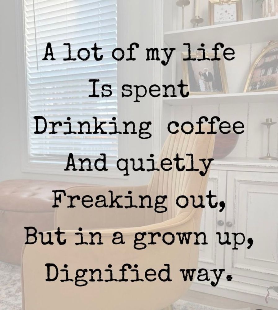 Meme. Washed-out photo of an orderly study room with an arm chair in feeling of a cabinet and a simple window with blinds and an n ottoman in the background. Text, a lot of my life is spent drinking coffee and quietly freaking out but in a grown up, dignified way. 