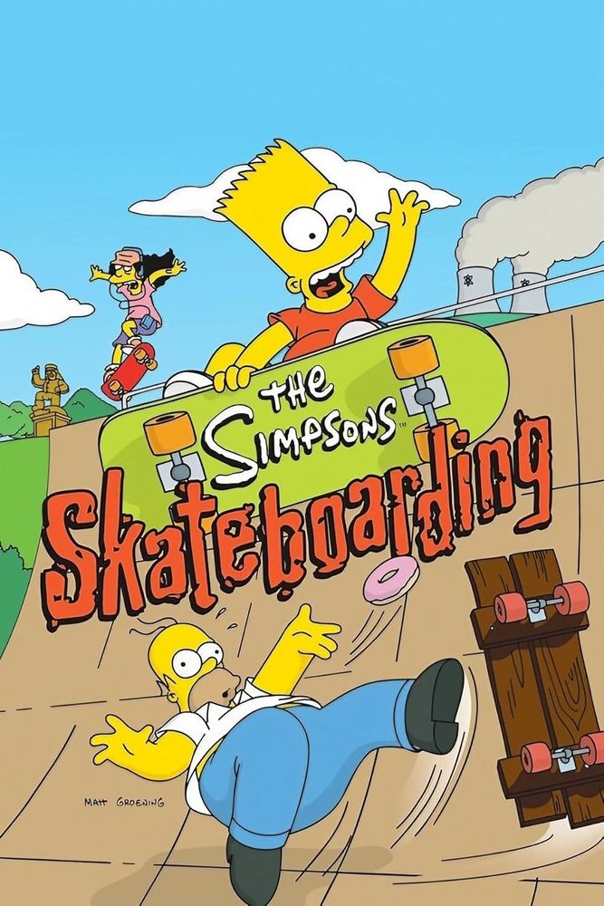 Box art for the Simpsons Skateboarding with Bart and Otto pulling off cool tricks would Homer is falling off of his homemade wooden plank skateboard on a halfpipe.