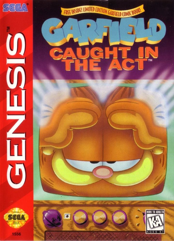 Box art for Garfield: Caught in the Act featuring Garfield's giant head looking through a TV screen from the inside out.