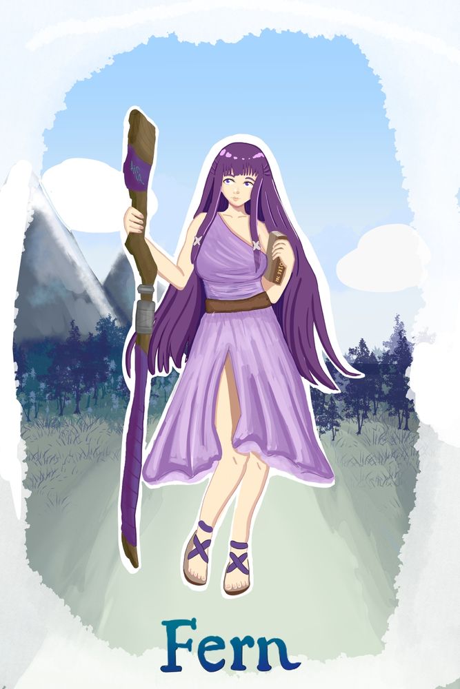 Fern from Frieren holding her staff and a Grimoire I labeled 782 (cause why not) wearing a one shoulder dress with a plain brown belt and flowing outwards. She's looking up longingly in the sky I originally imagined this piece to have her be in a world post journey's end with Frieren with the time of humans finally having come she would be the Great Mage Fern. To that end I also gave her sandals similar to the ones used for Flamme's design in a more summery environment. I really wanted a more fun dress for her that would be summery. A lot of the clothing and outfits for the series is based in the North where they wear clothing for warmth. Thus I wanted to bridge that gap a bit. I imagined she might still wear her Butterfly hairclip in the back but to show further mastery I gave her two X clips around her hair in the front that invoke a similar idea around butterflies. Her staff was a pain I struggled a lot with the shape and also some of the details I left out but I wanted to make it feel warm and well loved. I considered altering it or even giving her Frieren's staff for the image I had in mind but that might give the viewer too much cognitive dissonance. The background was fun to make the landscape the trees in particular making them blue and cooler to fit made a lot of sense to give some cohesion to the piece with Fern having such cool tones usually it gives her more perkiness with her dress being a bright spot. In fact in general I did it to give her such a large contrast and stand out in a meaningful way. I also tried and debated doing a couple different types of shadows for this piece. Ultimate I went for a white outline around her to go along with the border to evoke a further mystique around fairy tales and further showing how great she is. I also recreated her name using the English font as a basis and made the letters Fern out of Frieren.