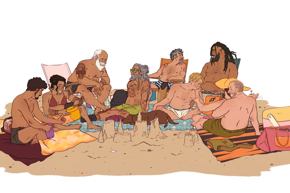 A group of characters from OFMD gathered together on the beach, smiling and laughing. LtoR: Frenchie, Archie, Fang, Ed, Izzy, Stede, Ivan, Lucius, Pete 