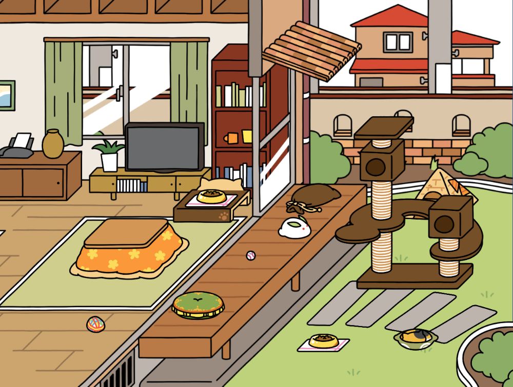 ねこあつめ2　庭先　いつもの2
こたつと高級クッションを配置