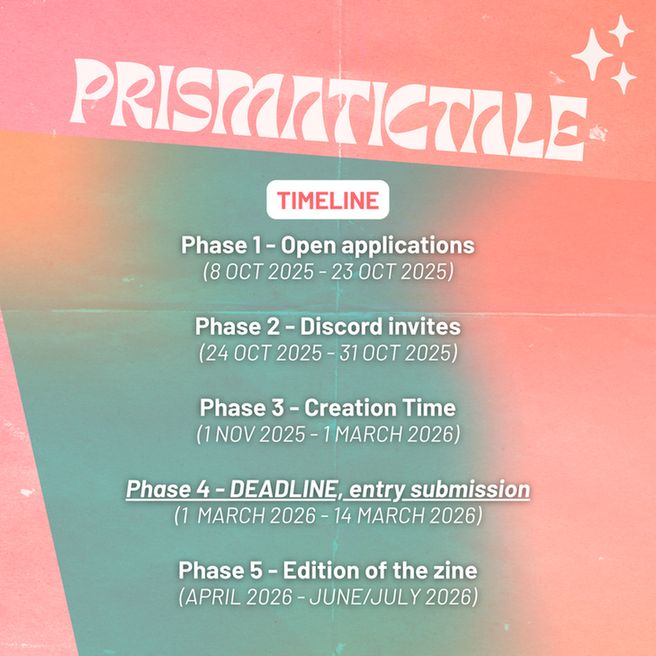 Timeline

Phase 1 - Open applications
(8 OCT 2025 - 23 OCT 2025)

Phase 2 - Discord invites
(24 OCT 2025 - 31 OCT 2025)

Phase 3 - Creation Time
(1 NOV 2025 - 1 MARCH 2026)

Phase 4 - DEADLINE, entry submission
(1  MARCH 2026 - 14 MARCH 2026)

Phase 5 - Edition of the zine
(APRIL 2026 - JUNE/JULY 2026)