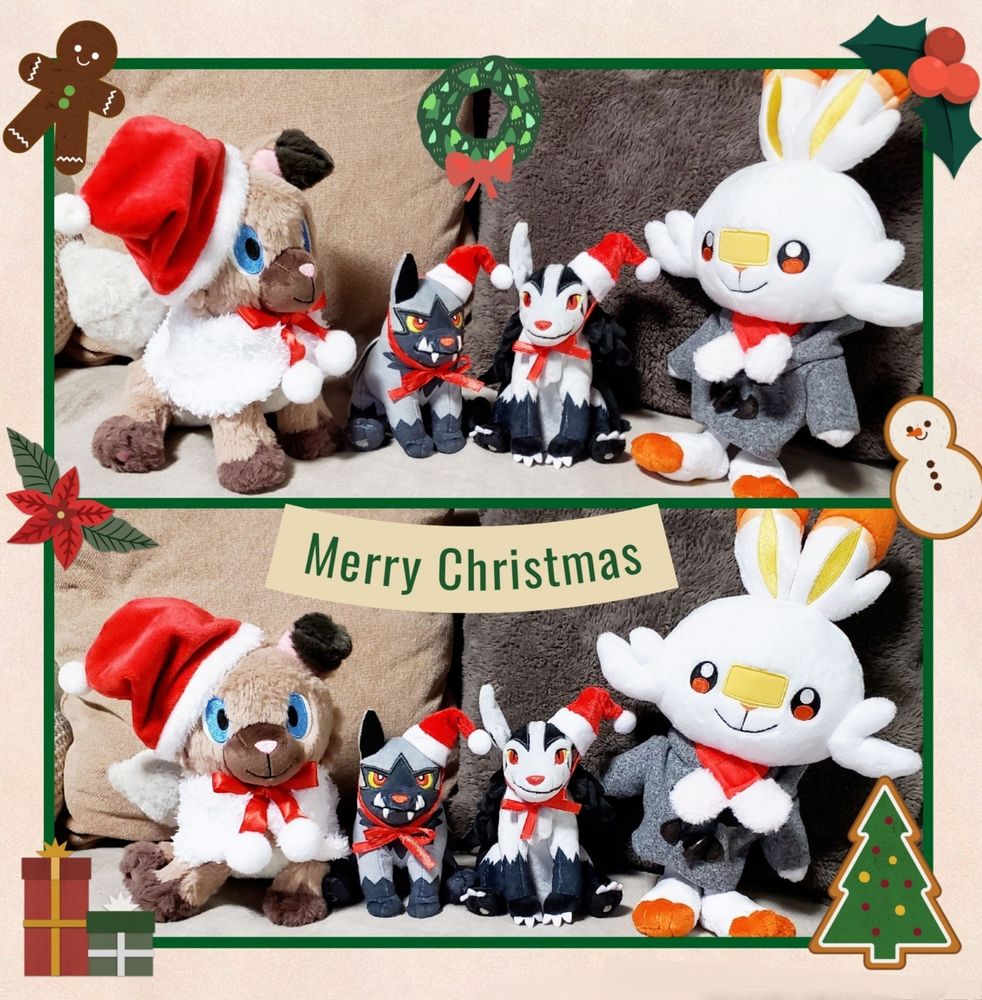 イワンコ、ポチエナ、グラエナ、ヒバ二ーのぬいぐるみがサンタ帽子や冬っぽい格好をしている写真のコラージュ。周囲にはクリスマスっぽい装飾スタンプ。
