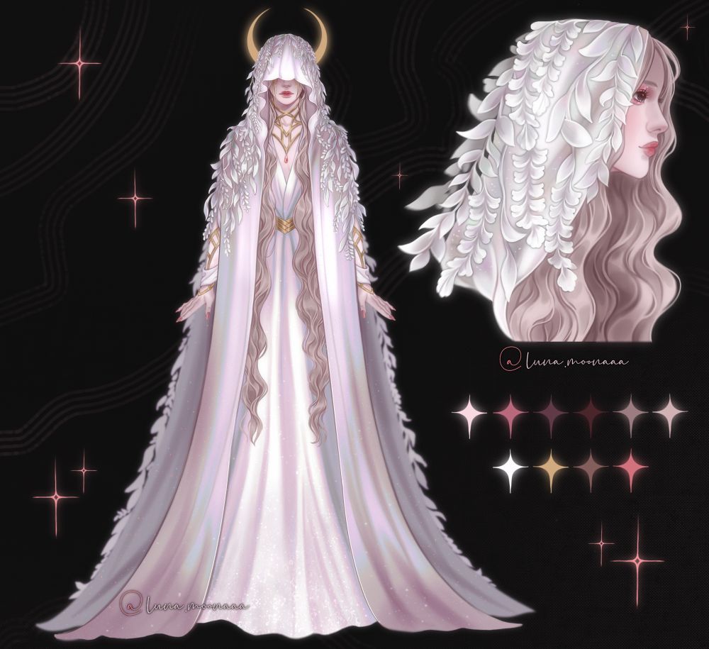 Ref sheet of my main OC Lúna in her priestess outfit 
