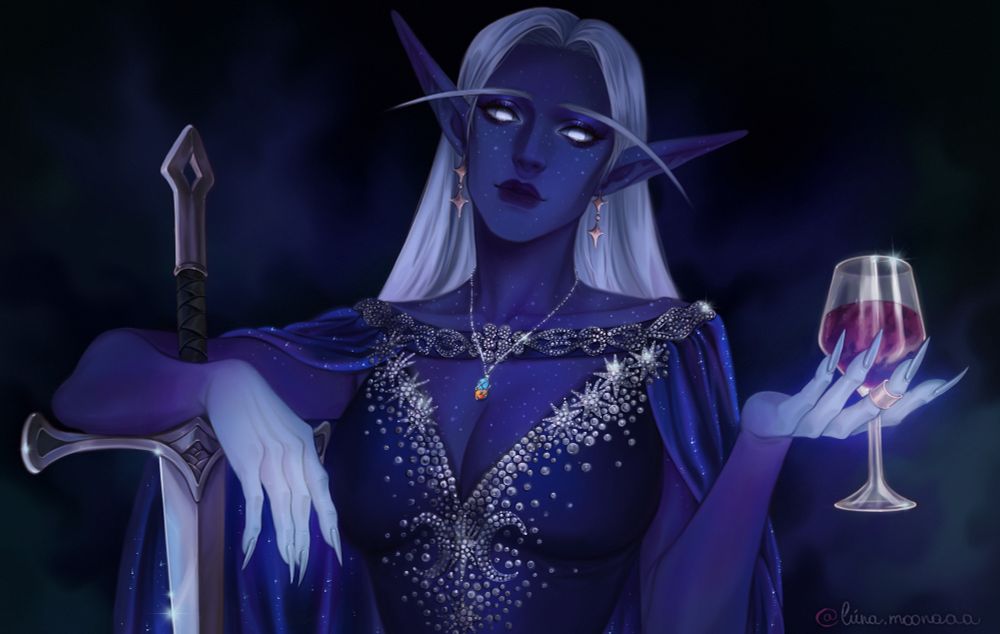 Commission of nightborne elven lady from World of Warcraft. She holds a glass of wine and leans on sword