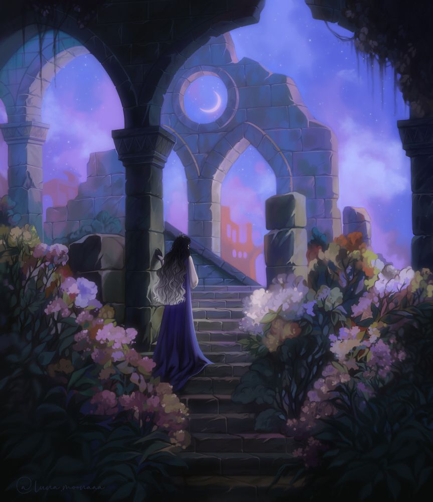 Artwork of original character in ancient castle’s ruins in a moonlight night 