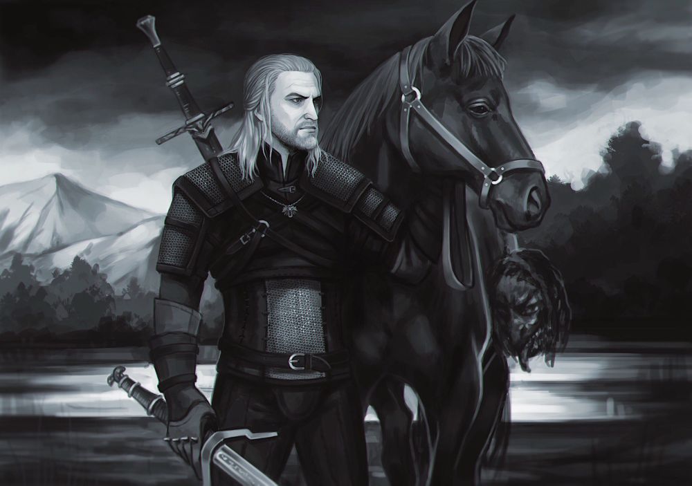 B&w fanart of Geralt of Rivia with Roach from The Witcher series 