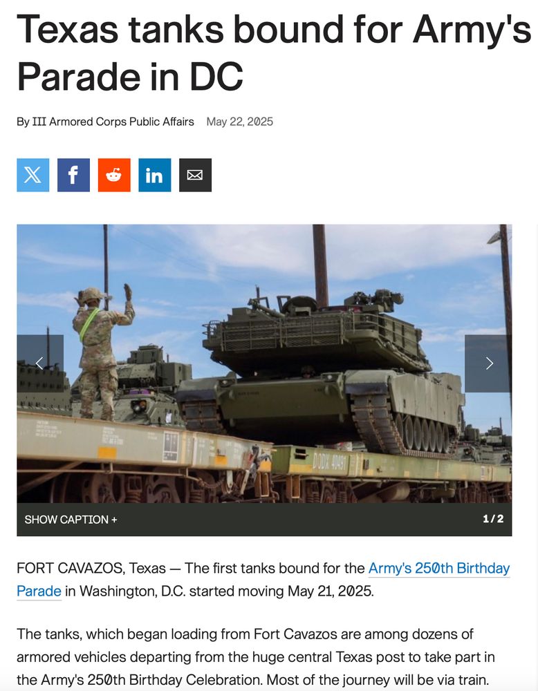 Screen shot of article from the U.S. Army's website with the headline: Texas tanks bound for Army's parade in D.C. Photograph shows tank on flat-bed rail car.