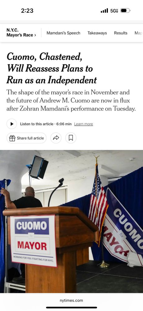 Screenshot of New York Times story with headline “Cuomo, Chastened, Will Assess Plans to Run as Independent” and photo of empty podium bearing placard reading “Cuomo for Mayor”