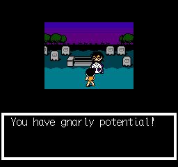 Splatterworld's intro. The mysterious stranger is about to put the Terror Mask on Rick. The text has been replaced with text from Totally Rad. It says "You have gnarly potential!"