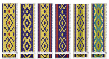 A probably non-Pictish pattern of tablet weaving in various colours that reminds me of turtles or spiders or crabs.