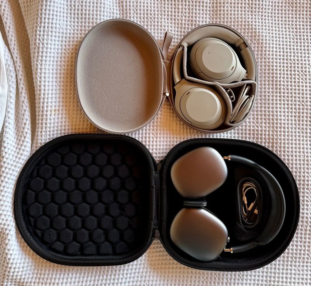 Top: Sony headphones case (open)
Bottom: Hard case for Apple Airpods Max (open)