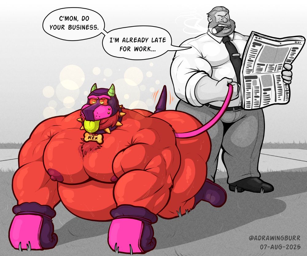 (NSFW) 🐻
Drawing of Az and Barney; Az is hypnotized and dressed in pup gear - mask, mittens, tail plug and a collar with a 'REX' tag on it.  Barney is holding onto the leash with one hand, holding a newspaper in the other.  He's dressed in a shirt, tie and slacks, and his hair is slicked back.  There's a cigar in his mouth.

Everything except for Az is greyscale, and has a static filter over it - like an old TV.

Barney: C'mon, do your business.  I'm already late for work...