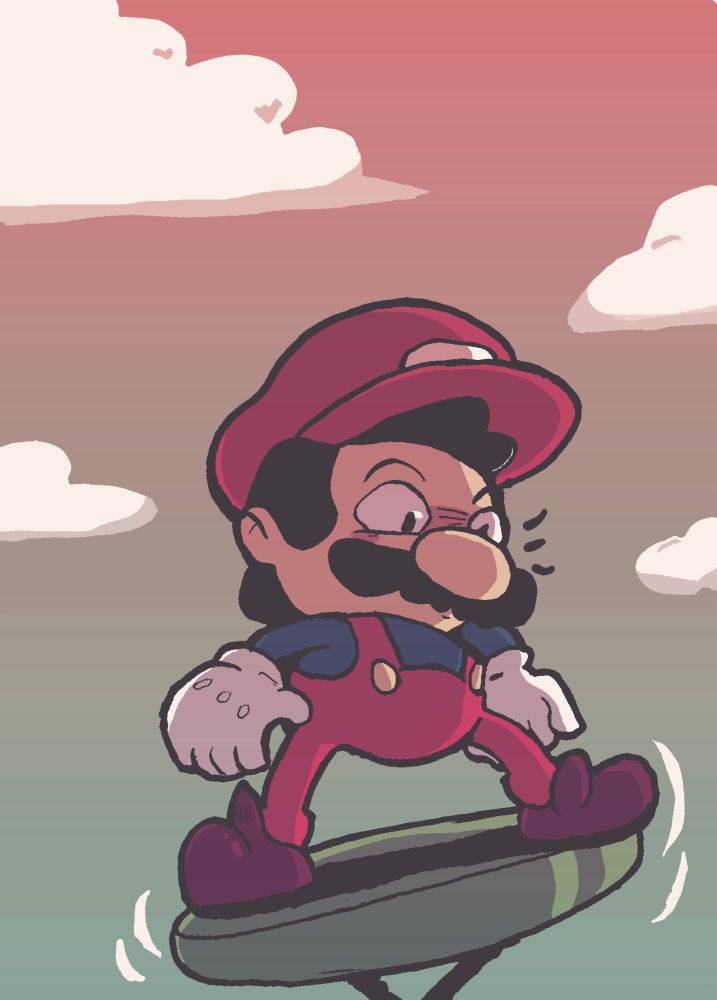 Nintendo's Super Mario in red overalls on pink to green gradient background, he's standing on a wobbly green platform that's supposed to be a bouncy spring / jumppad.