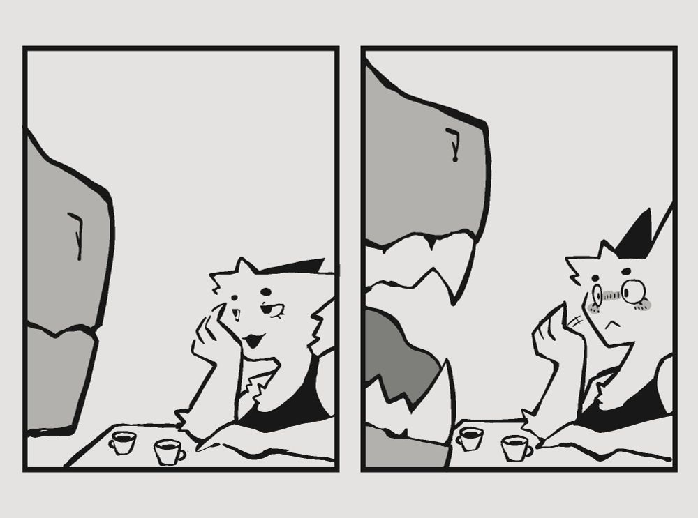 a 2 panel comic of a cat and a large dragon being flirty and sitting at a coffee table and chatting, with the cat being surprised/distracted when the dragon opens it's mouth