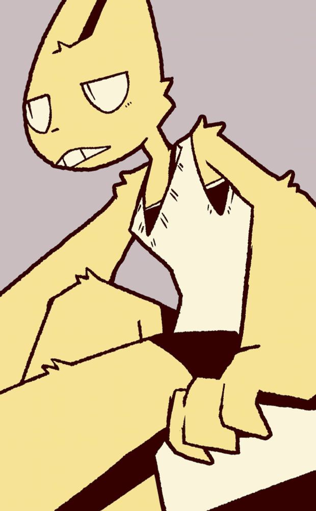 cat character drawn sitting hunched over with big claws resting on their side, with a look of annoyance and exhaustion on their face.