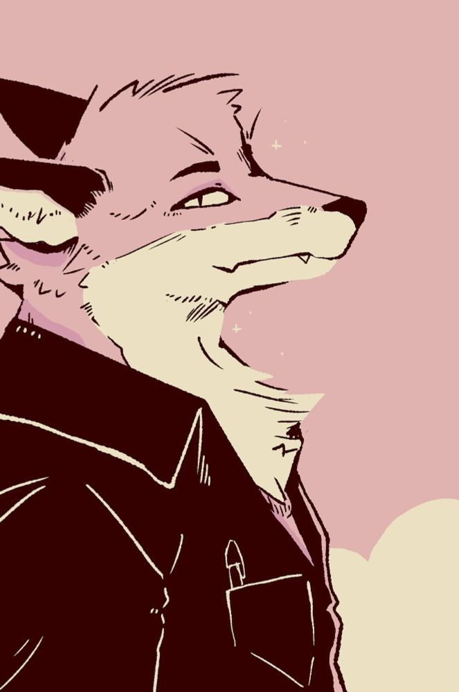 an anthro fox character standing in profile looking smugly towards the camera, wearing a black jumpsuit
