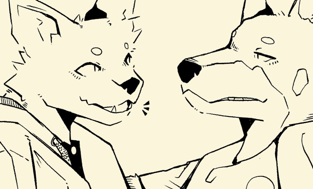 close up drawings of an anthro cat and dog character sitting close to each other, face to face, and the cat is happily talking to the dog, while the dog appears calm and happy to listen.