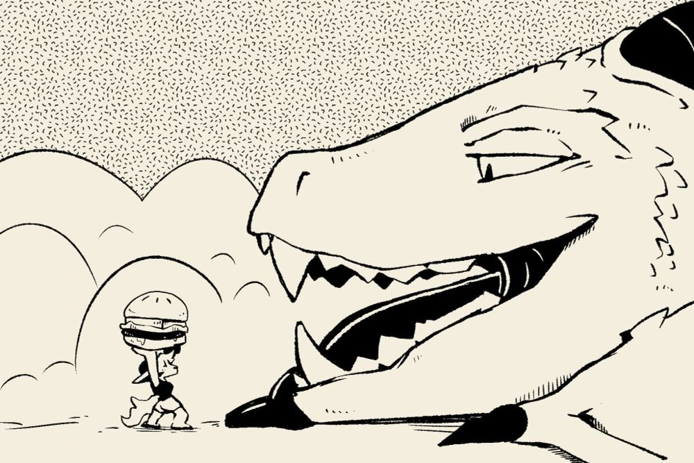 my sona holding a big cheeseburger while a large dragon with an amused look on their face has their mouth open.