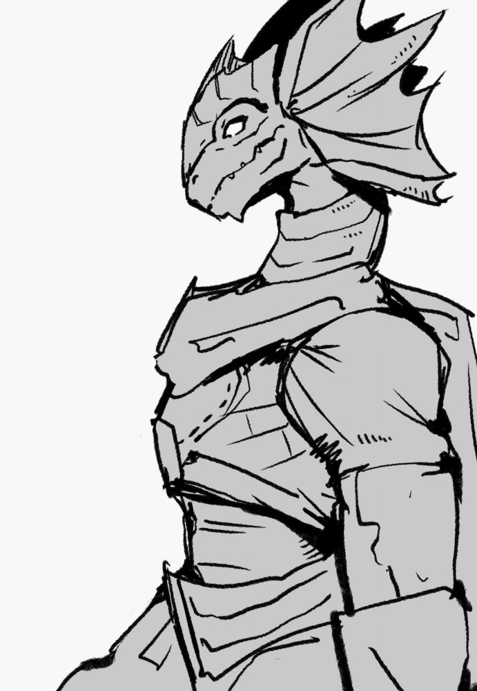 drawing of a lizard character from the game Divinity, facing to the left. wearing a scarf and some leather armor.