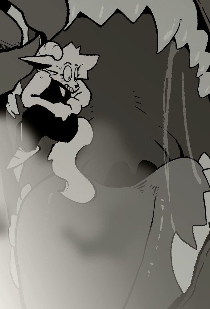 art of my small ram-sona being loosely held above a large and pointy toothed open maw, with saliva and steam visible, appearing to soon be dropped into the maw. My sona looks nervous and is in a hunched pose with knees bent, looking anxious.