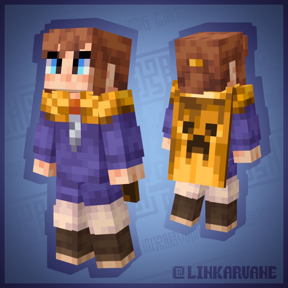 Minecraft skin of Hat Kid from A Hat in Time. The skin has the Founder's cape