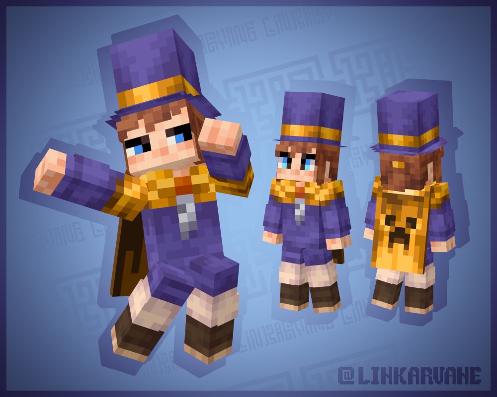 Minecraft skin of Hat Kid from A Hat in Time. The skin has the Founder's cape and 3d top hat on the head