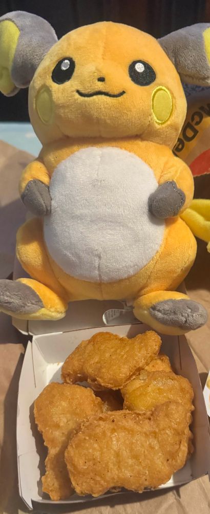 (I was scrolling through a few photos on my phone and found this photo I took randomly to send to a fend )

This is a picture of a Raichu plushie with some chicken nuggets :)