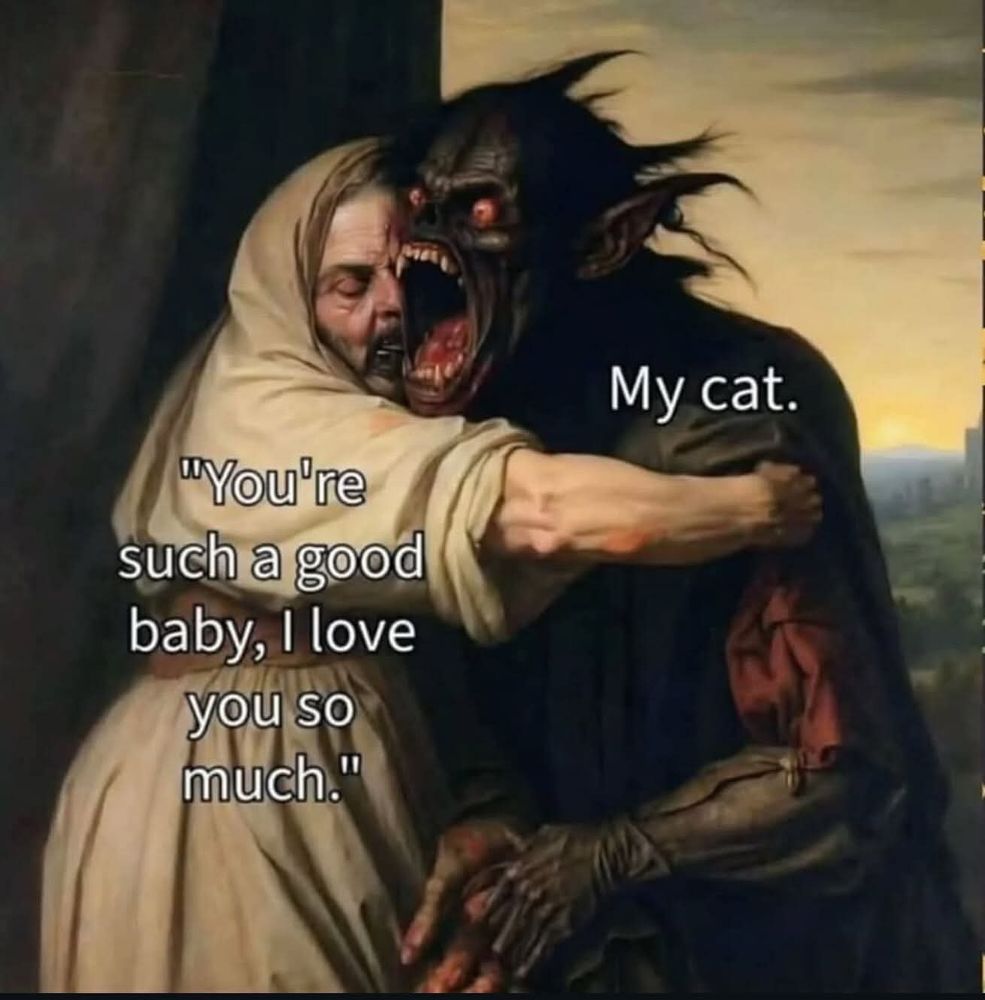 Person in a white robe hugging a goblin looking thing wif big pointy teefs