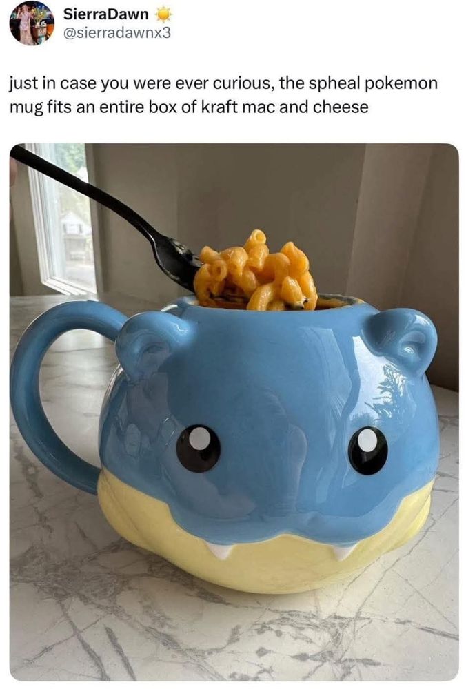 SierraDawn
@sierradawnx3
just in case you were ever curious, the spheal pokemon
mug fits an entire box of kraft mac and cheese