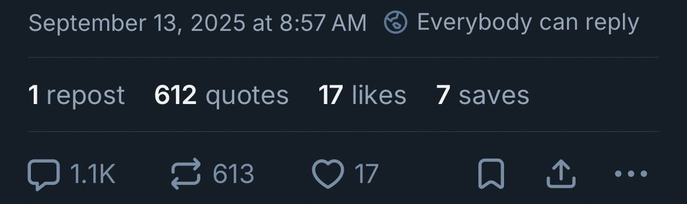 September 13, 2025 at 8:57 AM
1 repost
612 quotes
17 likes
• Everybody can reply
7 saves
1.1K comments
613 reposts
17 likes