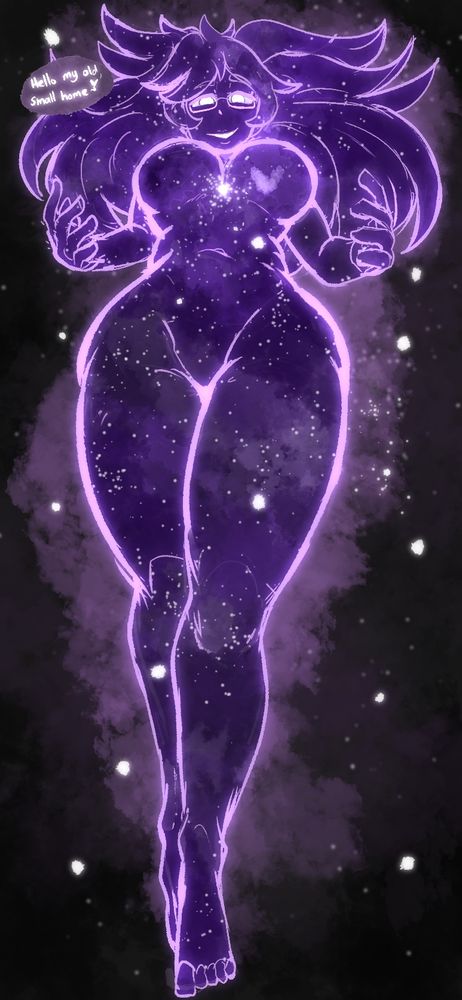 Empress Reina in a form made out of space itself, tinged purple, looking down upon a tiny cluster of celestial matter, and remarking, "Hello my small, old home."