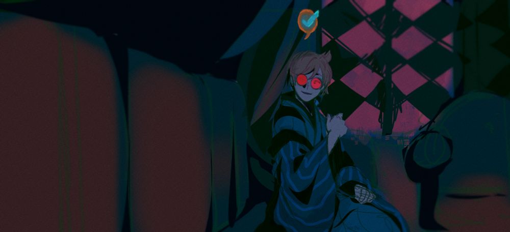A scribble of Hancock smiling in his office. Above his head is the quest complete marker in an uncomfortable saturation.