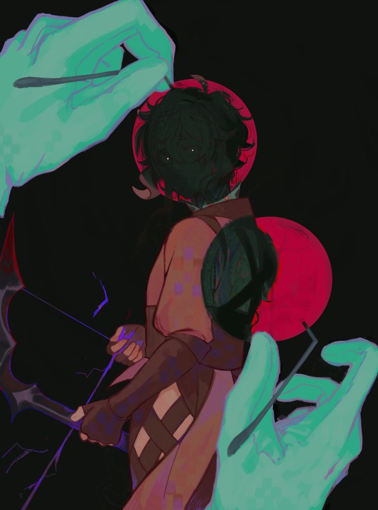A stylized painting of the Warrior of Light being reflected in Hancock's spectacles while shrouded in darkness. They turn their back, bow and arrow in hand with an unreadable expression. In the lenses, is a distorted, fleshy mass that spirals into the vague shape of the hero.