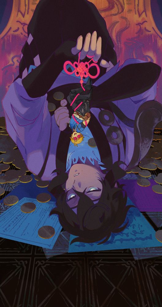 A stylized painting of Hancock being dangled as an accessory, much to his confusion by the Warrior of Light. They lay onto the Ruby Bazaar office, contracts and other documents spread out underneath with an abundance of coins scattered about. As the painting ascends, the decorative partition distorts, illuminating a fiery glow.