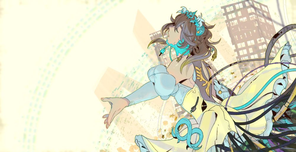 A stylized painting of Queen Sphene who is reaching out to the distance for her lost civilization. Her features breaking apart, revealing her true nature as a machine, with wires spilling from her dress, hair, and back. In the background, is her recreated city illuminated in a soft, golden glow.