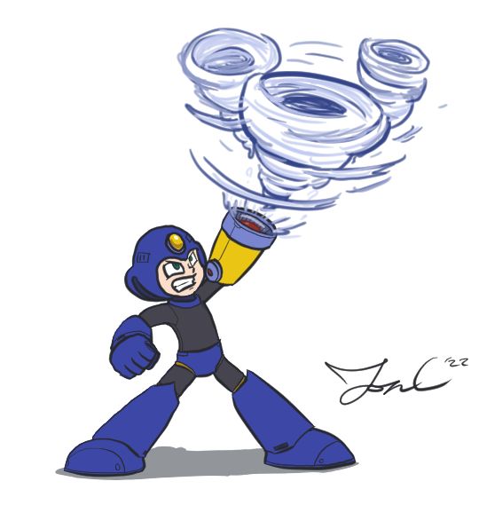 Based on Mega Man 11 where Mega Man’s helmet and buster changes to resemble a little closer to the robot master, he’s copying. In this case, Air Man!