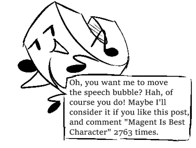Magnet from II on her side, presenting. Her pussy is blocked by a big speech bubble that says "Oh, you want me to move the speech bubble? Hah, of course you do! Maybe I'll consider it if you like this post, and comment 'Magnet Is Best Character' 2763 times."