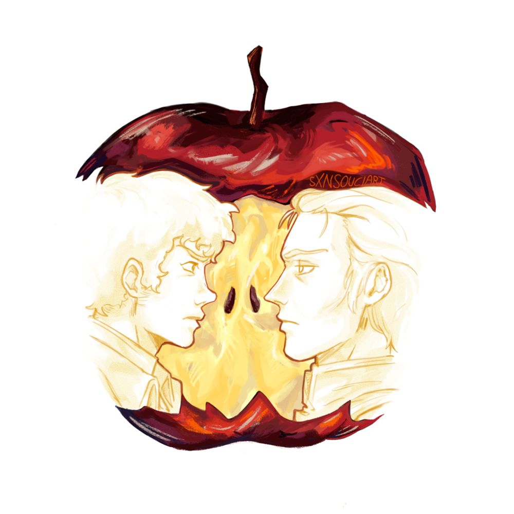Artwork of Amuro Ray and Char Aznable from Mobile Suit Gundam Char's Counterattack depicted inside the remains of an apple (apple art trend).