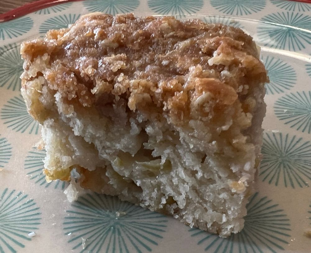 Rhubarb almond cake on a plate