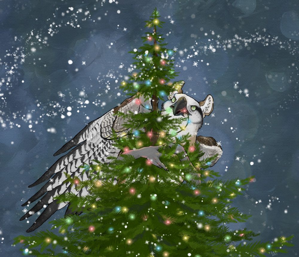 A white and brown gryphon clinging to a Christmas tree decorated with multicolored lights. Snow swirls around while the gryphon chomps on a section of the light strand, as they do.
