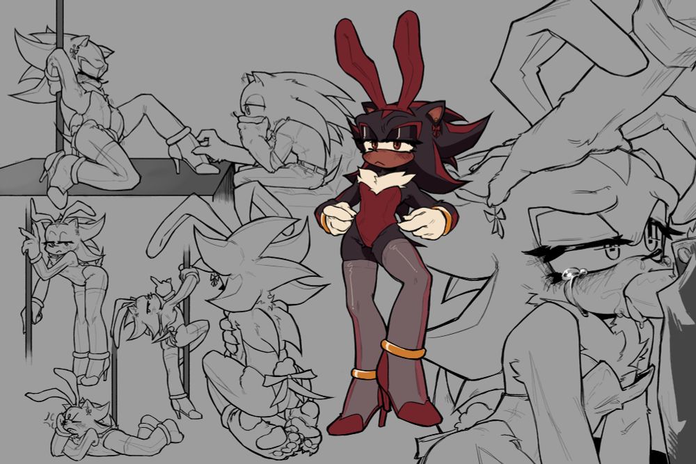 several sketches of shadow the hedgehog in a bunny suit, with the one in the middle being colored.