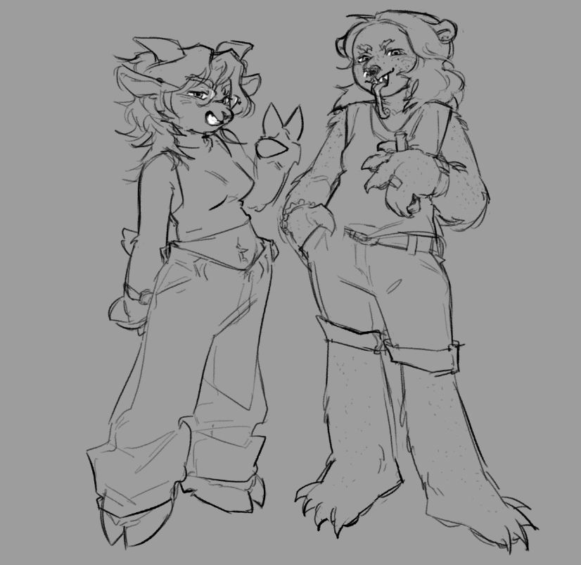 a sketch of two fursonas, a goat girl and a bear girl, stand next to each other.