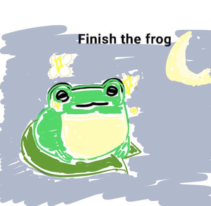 A finish the frog drawing of a green frog with a light yellow belly looking at the stars around them but their actually fireflies while sitting on a lily pad and the crescent moon in the top right corner.  The words ‘finish the frog’ on the picture