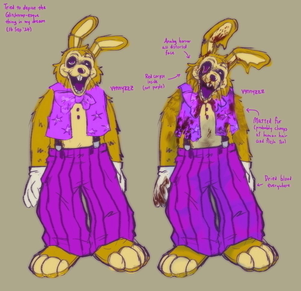 A drawing of an anthropomorphic yellow rabbit, a stylized Glitchtrap from FNAF: Security Breach. He wears a purple vest and pants, and the image on the right is more distorted and rendered than the one on the left, with some blood and dirt and shading.