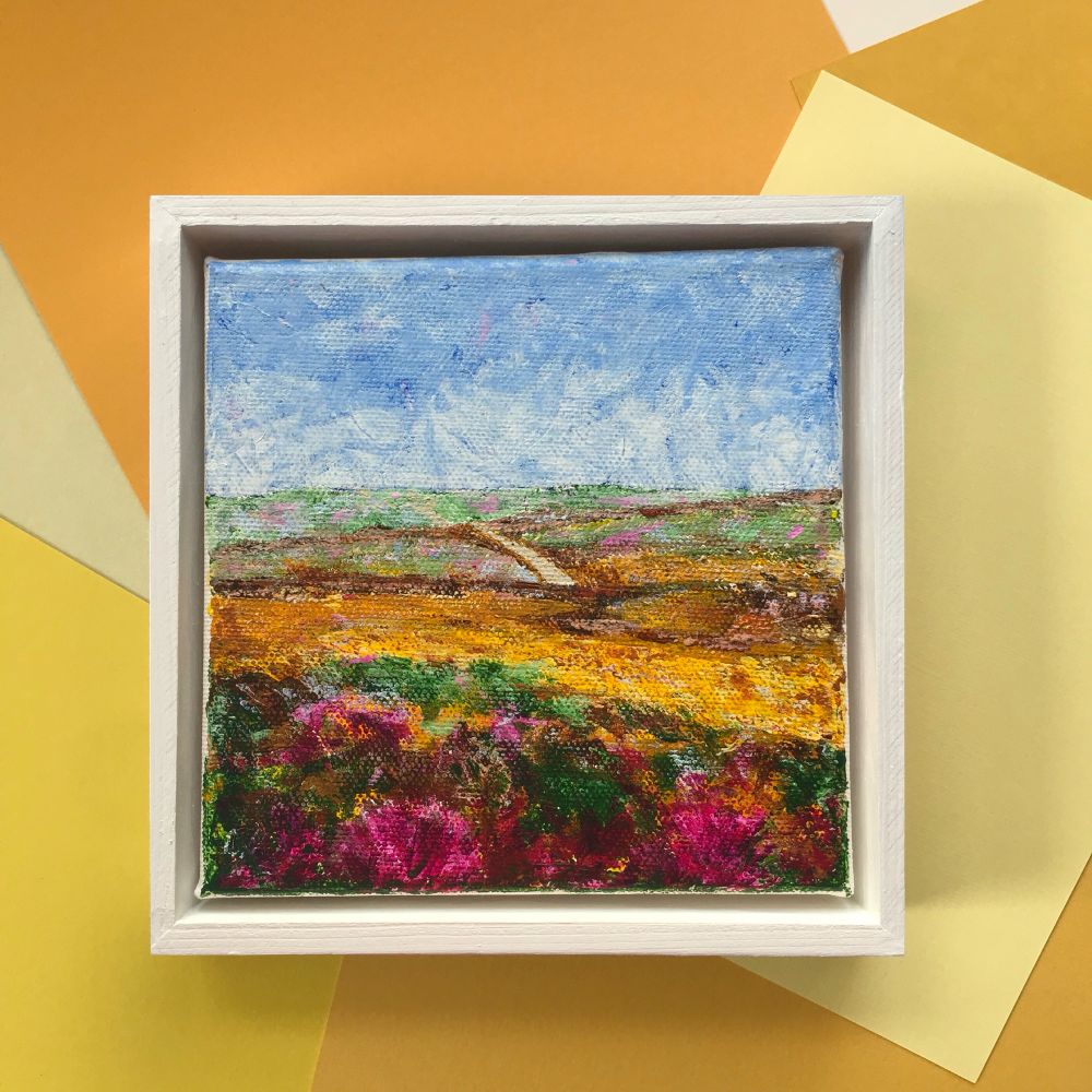 Square painting of a Dublin mountain path with purple heather 