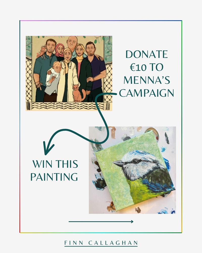 Illustration of Menna and her family with the text donate €10 to Mennas campaign. There’s an arrow going downwards to a painting of a blue tit garden bird with the text Win this painting