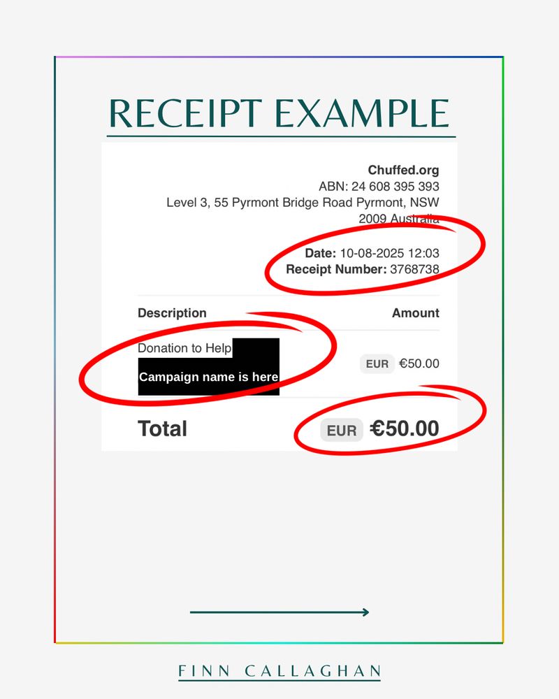 Example of a donation receipt from chuffed